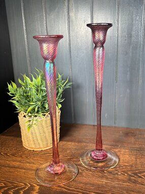 2 Vintage Robert Held Art Glass Candle Holders, Pink Iridescent Spiral Glass